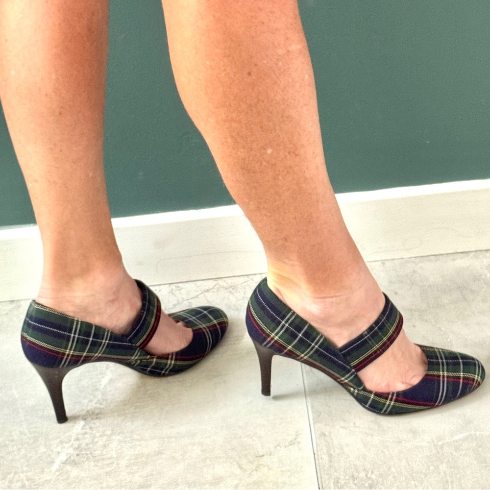 ANN MARINO by BETTYE MULLER plaid Mary jane HEELS retro pinup blue women’s 9 red - Picture 11 of 11